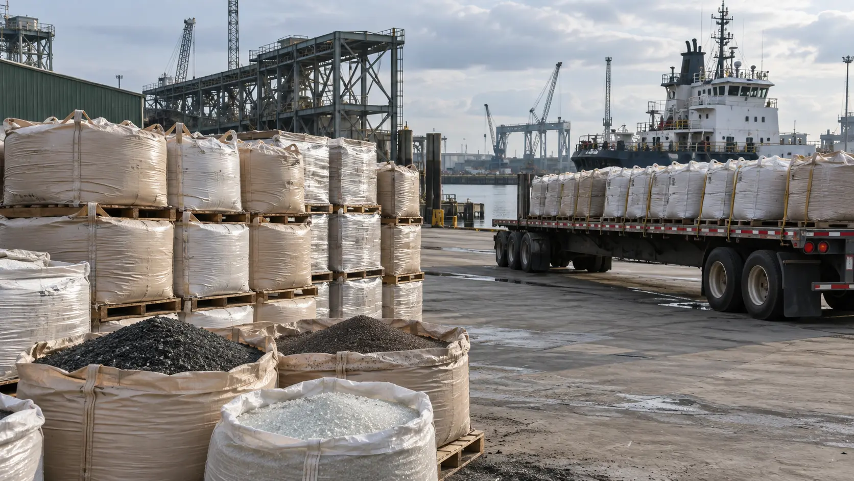 Bulk abrasive media bags staged for industrial delivery